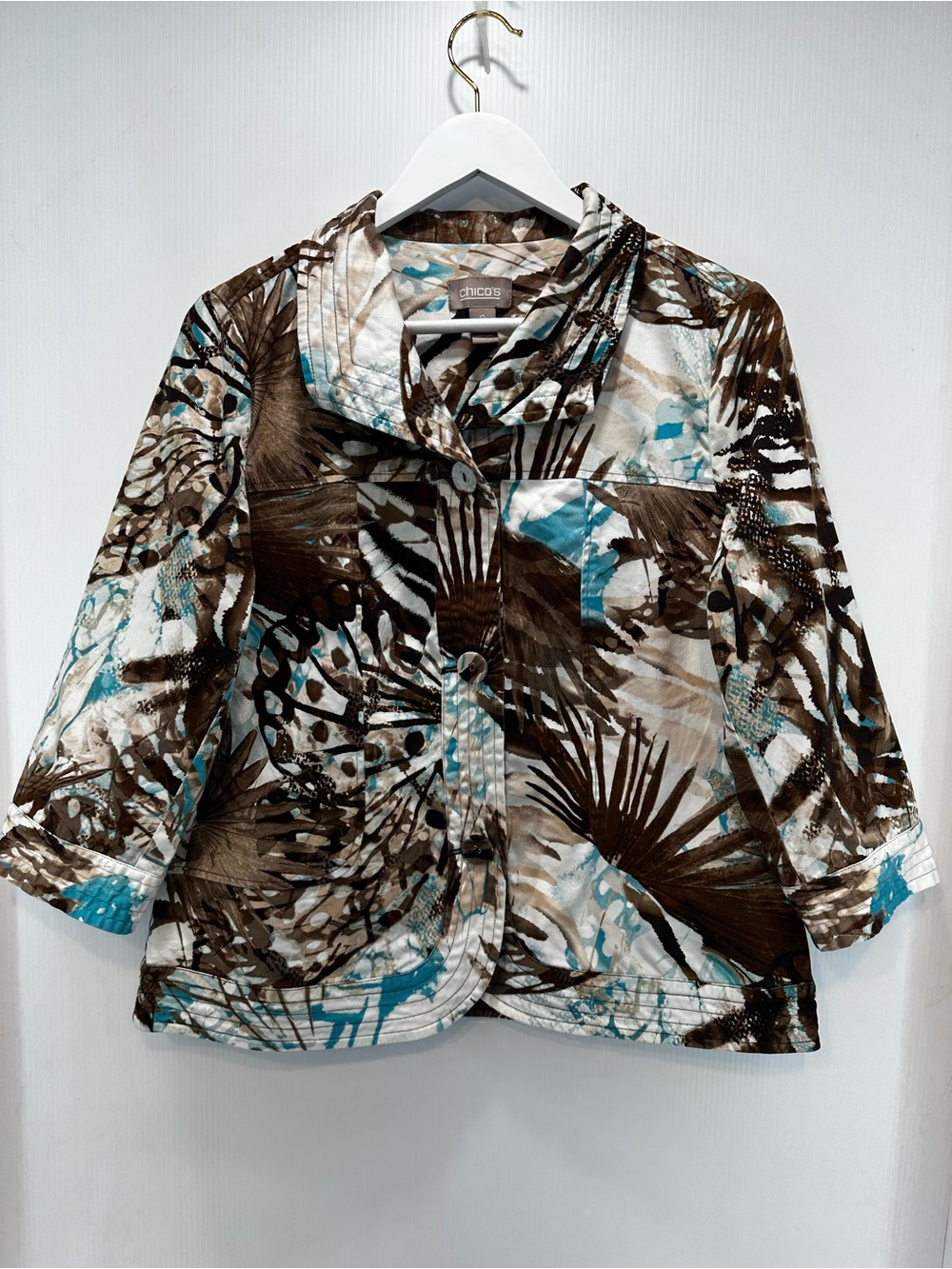 Chico's Tropical Leaf Jacket Size 2 (US12) 3 Button Collar 3/4 Sleeves Abstract